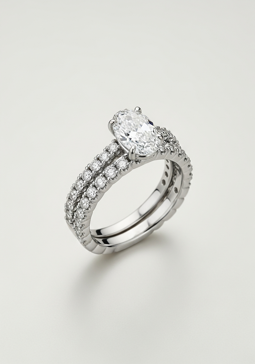 Full pavé eternity wedding band fully encircled with tiny round brilliant melee diamonds, stacked with a solitaire engagement ring holding a 2 carat VS1 oval lab-grown diamond in platinum