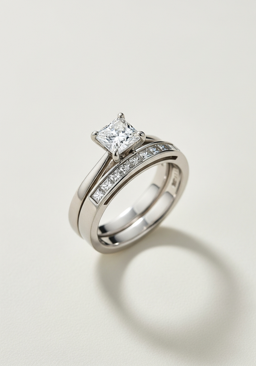 Channel-set wedding band with princess-cut diamonds set flush between two metal rails, paired with a princess-cut 2 carat VS1 lab-grown diamond engagement ring in platinum