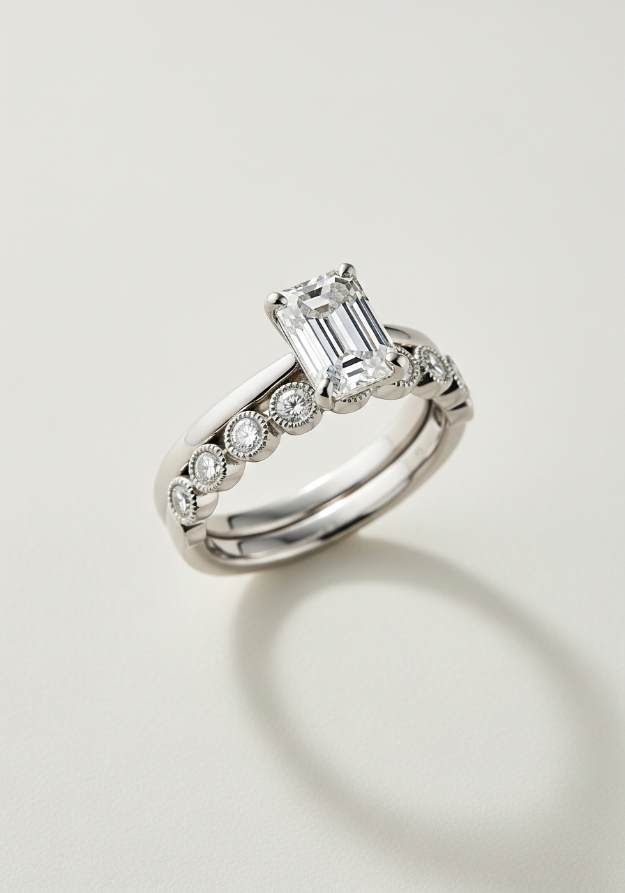 Bezel-set platinum wedding band with diamonds fully encased in metal bezels, stacked with a 2 carat VS1 emerald-cut lab-grown diamond engagement ring