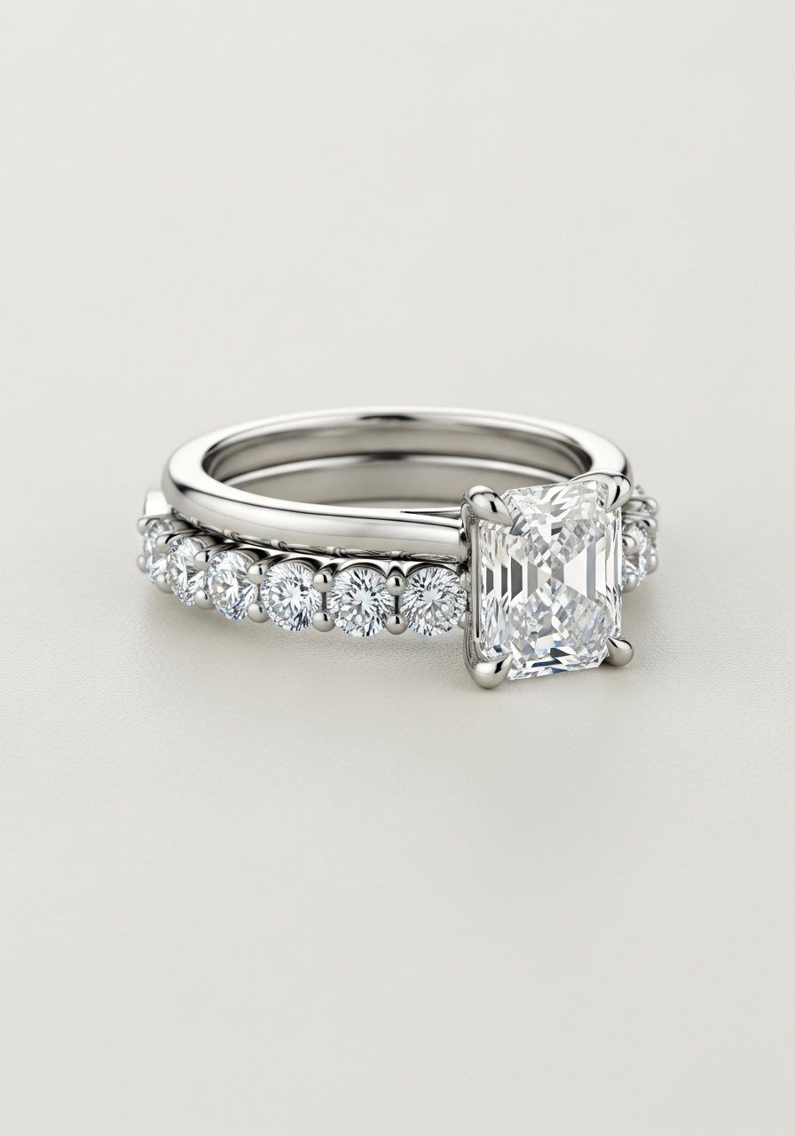 Platinum eternity wedding band with larger 0.10ct accent round brilliant diamonds shared-prong all the way around, stacked with a 2 carat VS1 radiant-cut lab-grown diamond engagement ring