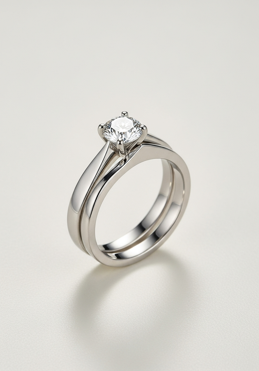 Thin knife-edge platinum wedding band with sharp angled center ridge, stacked with a 2 carat VS1 round brilliant lab-grown diamond solitaire