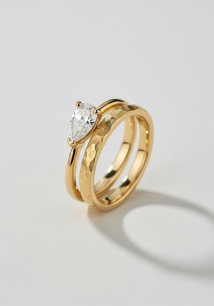 Hammered textured yellow gold wedding band with organic hand-planished surface, stacked with a 2 carat VS1 pear-cut lab-grown diamond engagement ring