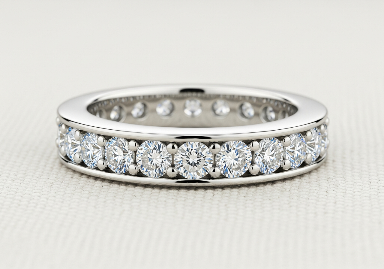 Classic round brilliant eternity band — 18k white gold, 3.0mm wide channel-set with 20 lab-grown round brilliant diamonds (D color, IF clarity), knife-edge profile, comfort-fit interior