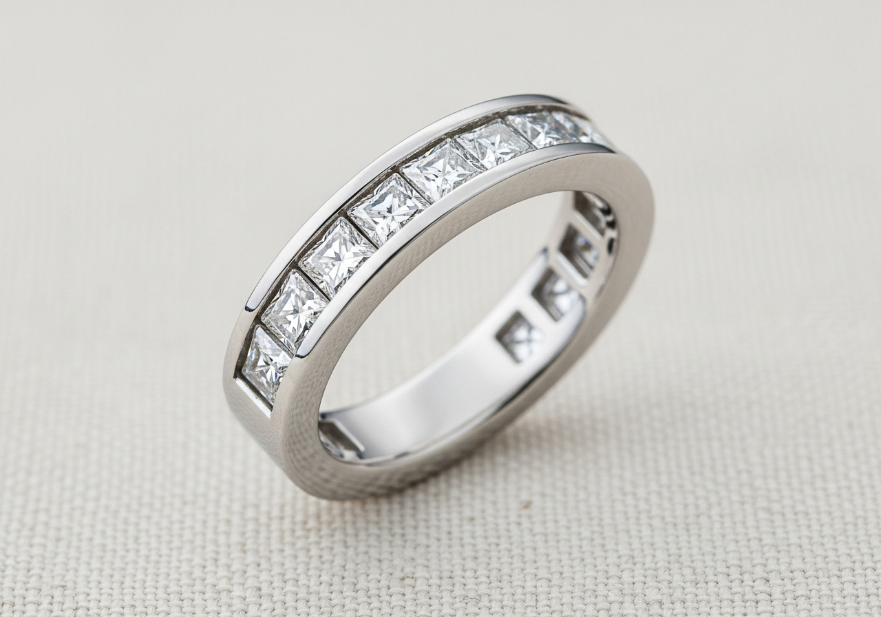 Princess cut channel eternity band — platinum 950, 3.5mm wide channel-set with 16 lab-grown princess-cut diamonds (F color, VS1 clarity), polished sides, comfort-fit