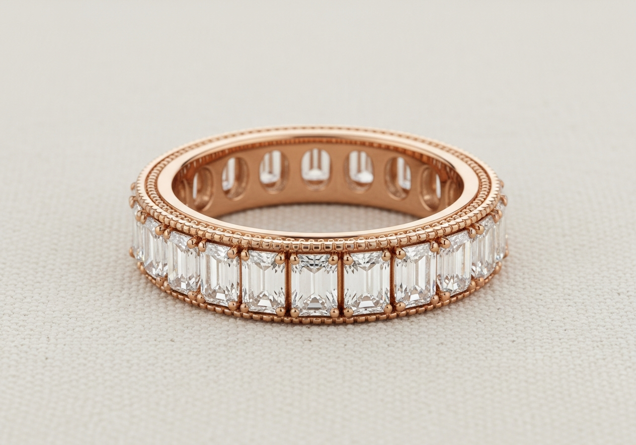 Emerald cut bezel eternity band — 18k rose gold, 3.8mm wide flat band with 14 fully bezel-set lab-grown emerald cut diamonds (G color, VS1 clarity) and subtle milgrain borders