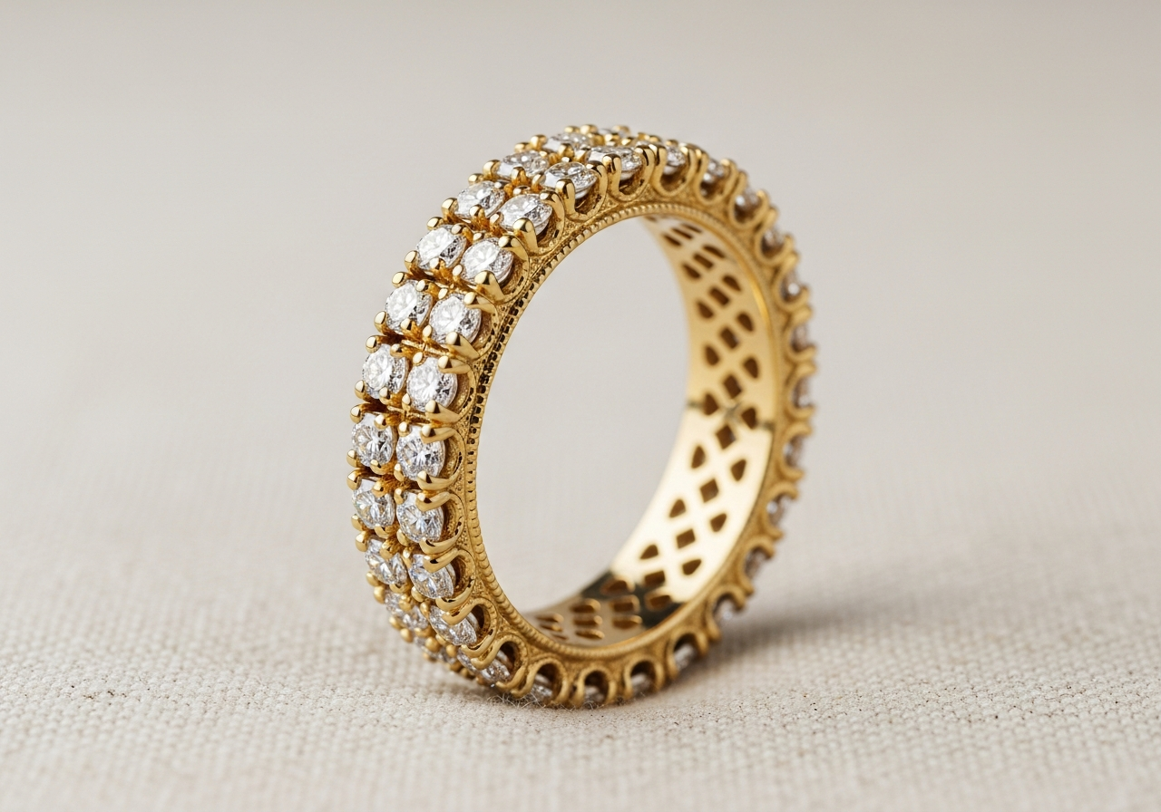 Cushion brilliant pavé eternity band — 18k yellow gold, 3.4mm wide micro-pavé with 22 lab-grown cushion brilliant diamonds (D color, IF clarity) and a hand-engraved gallery
