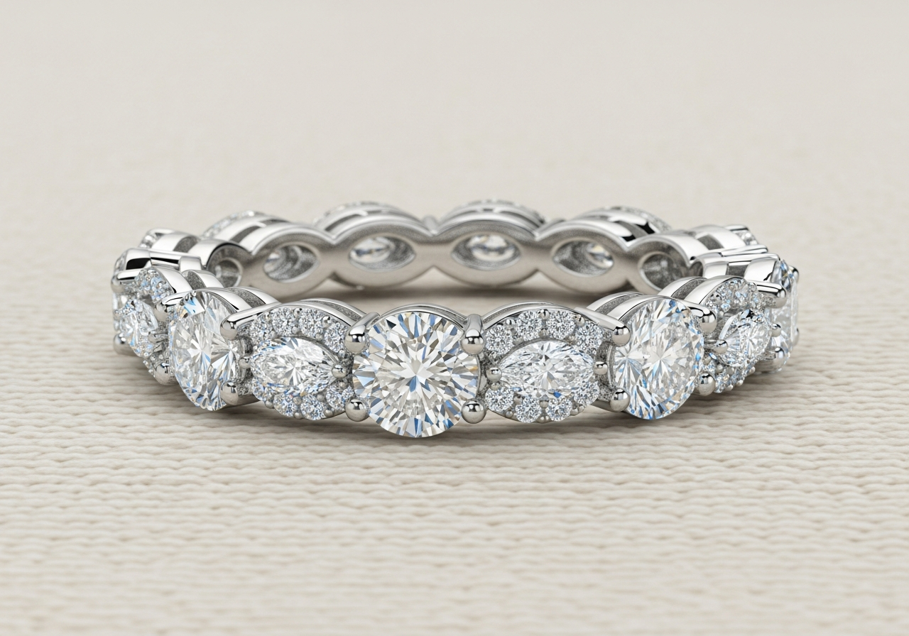 Mixed cut eternity band alternating lab-grown round brilliant and oval diamonds (E color, VVS1 clarity) in 18k white gold shared-prong setting, 3.6mm wide