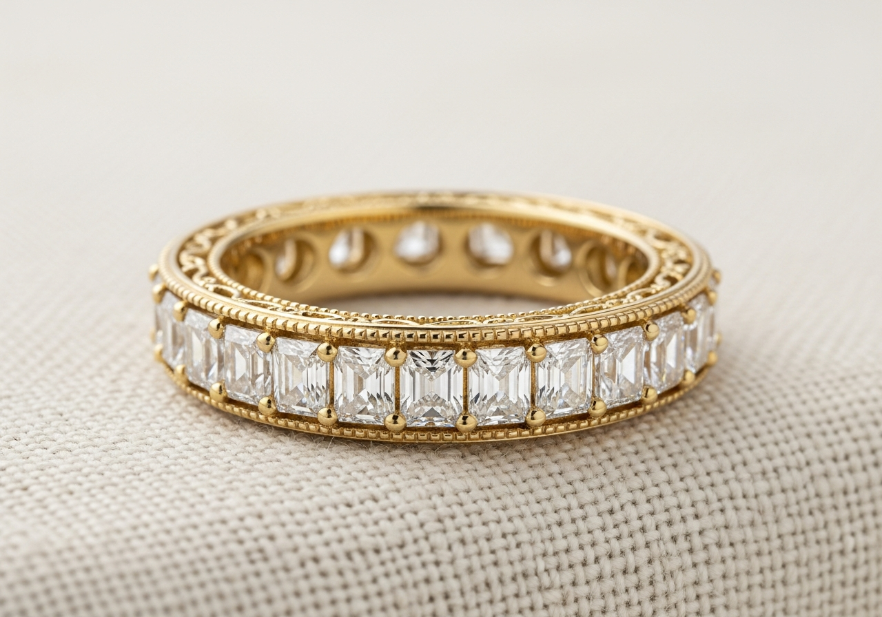 Asscher cut vintage eternity band — 18k yellow gold, 3.5mm wide with 14 lab-grown Asscher cut diamonds (E color, VVS2), hand-engraved milgrain borders, open gallery work