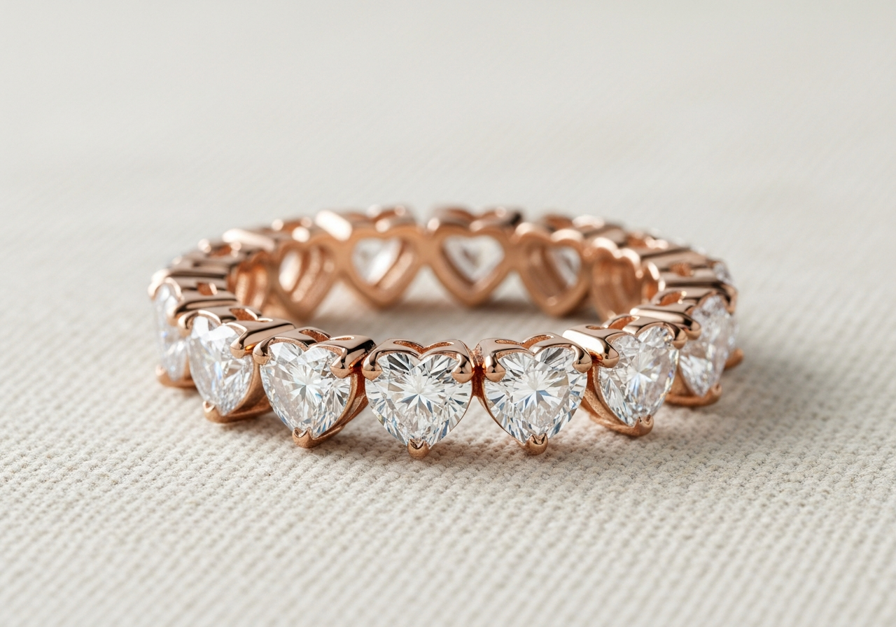 Heart shape romance eternity band — 18k rose gold, 2.8mm comfort band with 12 lab-grown heart-shaped diamonds (E color, VVS2) in secure four-prong setting