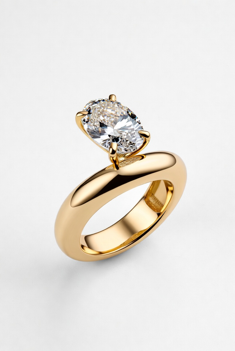 Sculptural chunky yellow gold band with a polished bombé silhouette cradling an oval lab-grown diamond at an angle