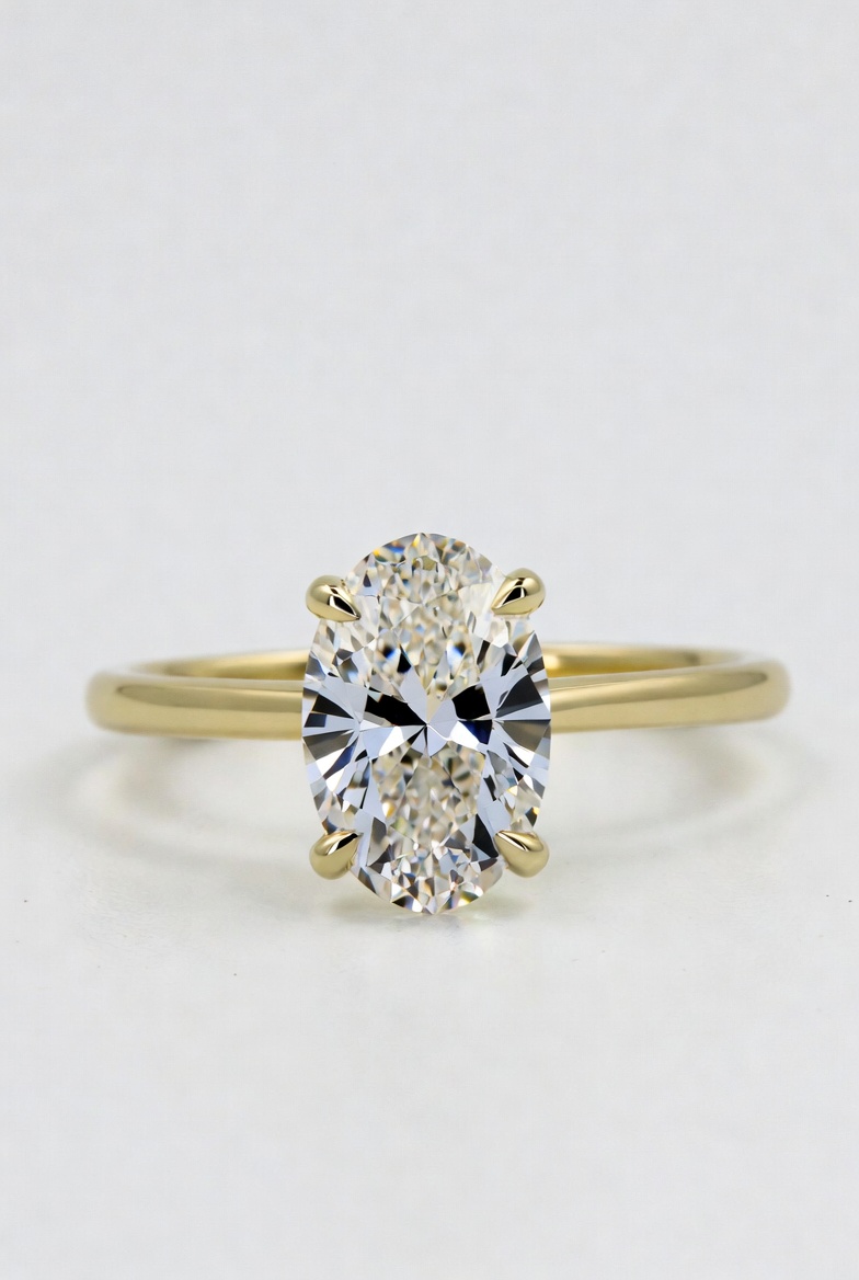 Elongated oval lab-grown diamond solitaire on a slim yellow gold band, photographed on a soft cream backdrop