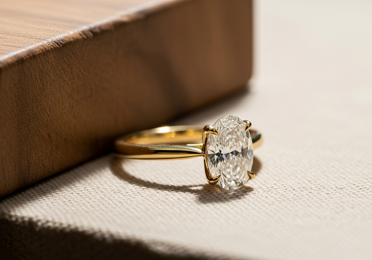 Graceful engagement ring — 0.80 ct lab-grown oval diamond, E color, VVS1 clarity, in an 18k yellow gold four-prong knife-edge band solitaire