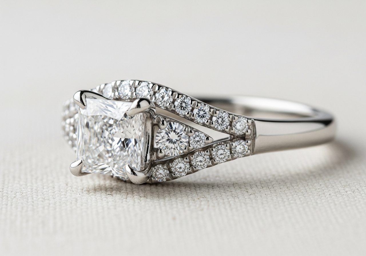 Petite hidden-halo engagement ring — 0.70 ct lab-grown princess cut diamond center with a 0.20 ct hidden halo of lab-grown round diamonds underneath, in a platinum 950 setting