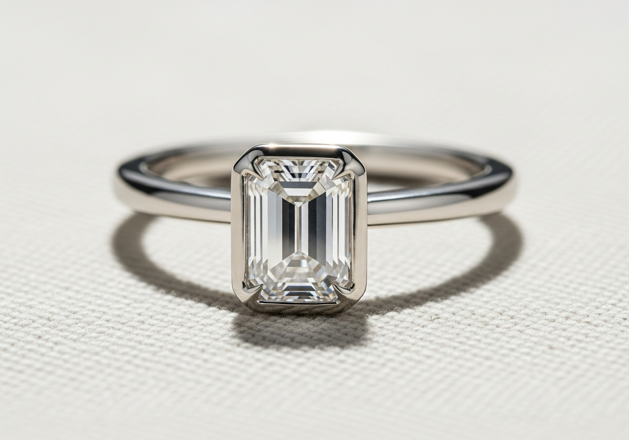 Minimalist emerald-cut engagement ring — 0.90 ct lab-grown emerald cut diamond, full bezel in 18k white gold on a clean 2.0mm flat band