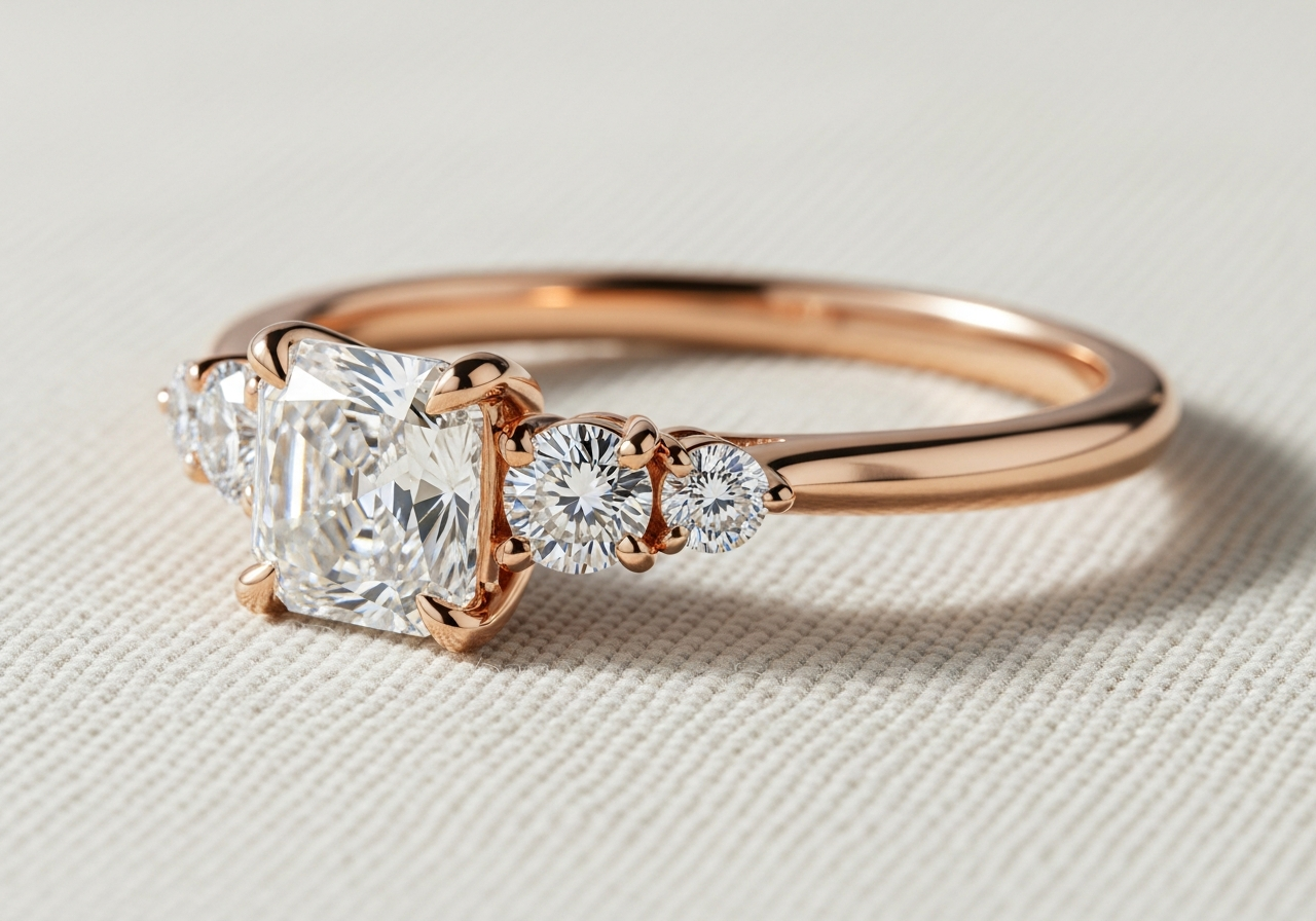 Three-stone engagement ring — 0.45 ct lab-grown cushion brilliant diamond center with two 0.10 ct lab-grown round side stones, in an 18k rose gold shared-prong setting