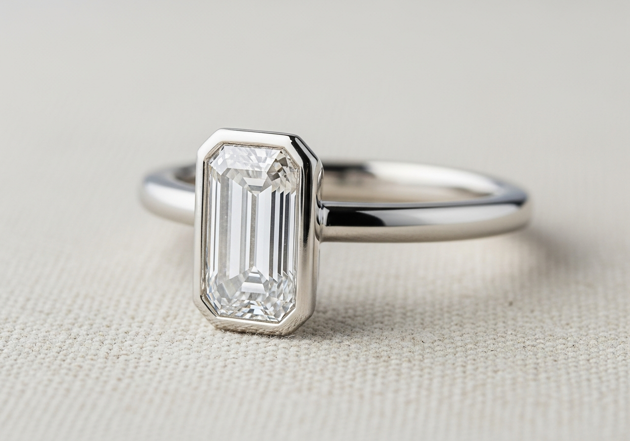 Minimal engagement ring — 0.70 ct lab-grown emerald cut diamond, full bezel in 18k white gold on a 1.7mm flat band