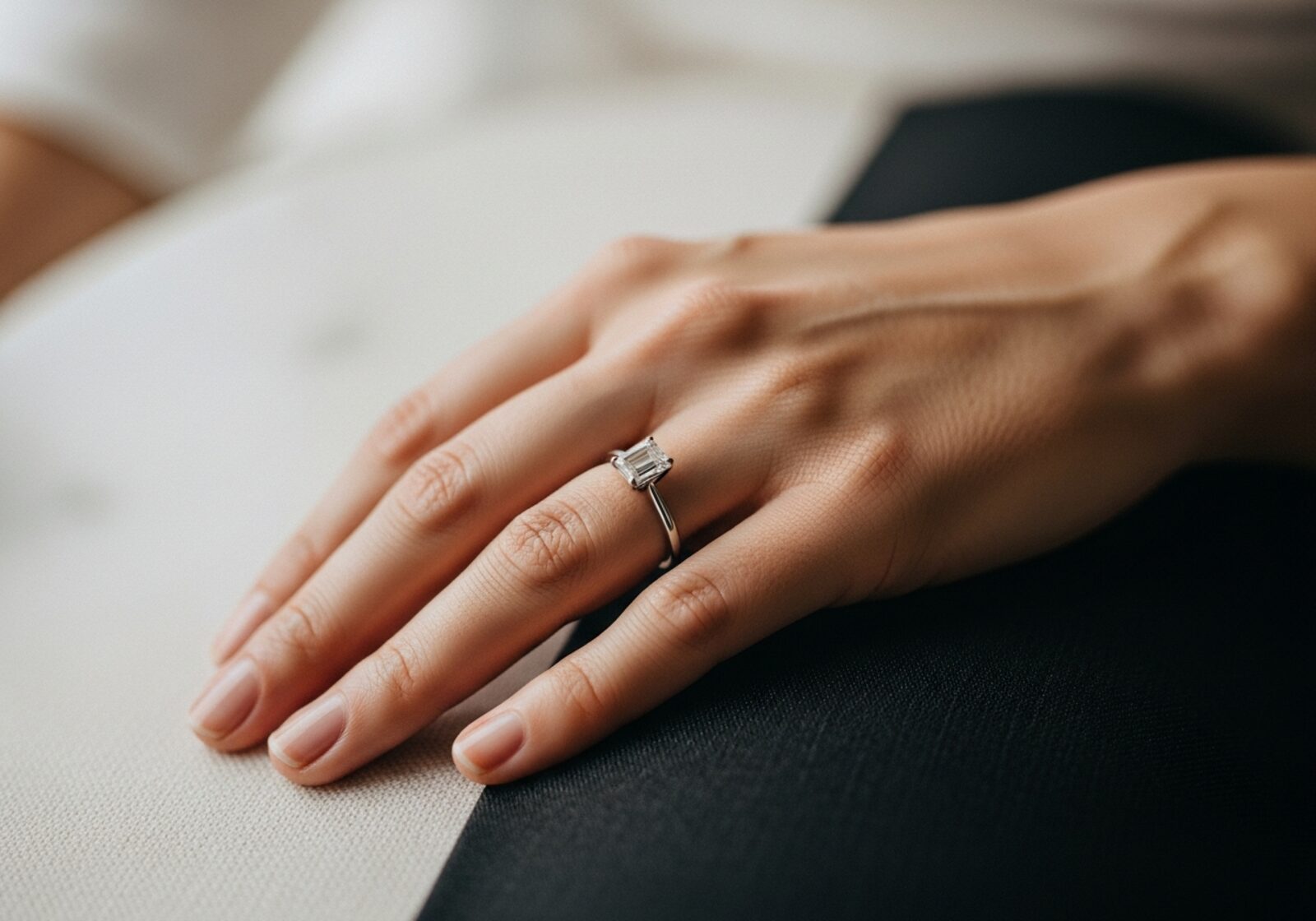 Bride's left hand on a marble surface wearing an emerald step-cut diamond solitaire on a thin platinum band