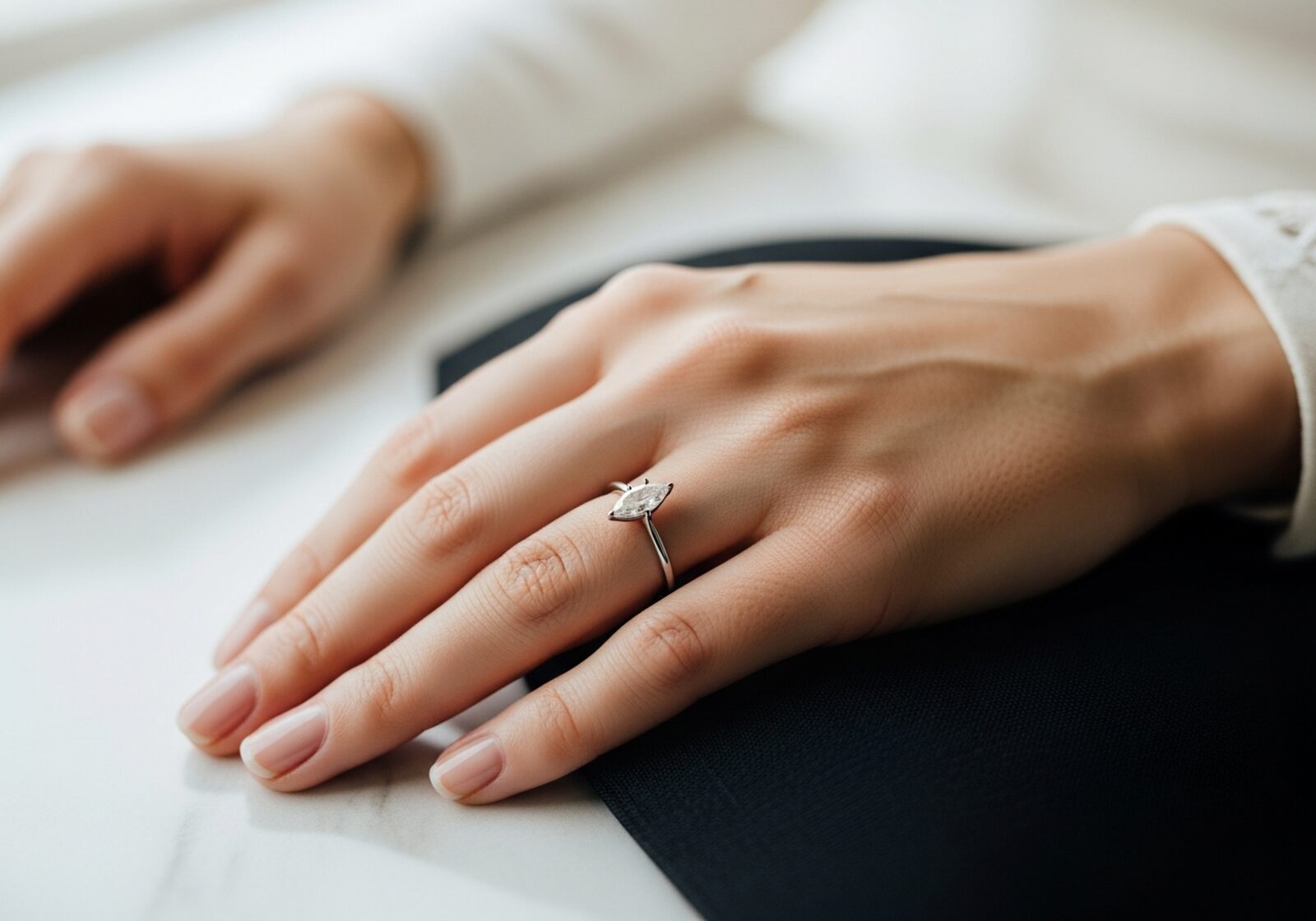 Bride's left hand in soft daylight wearing a marquise-cut diamond solitaire on a thin platinum band