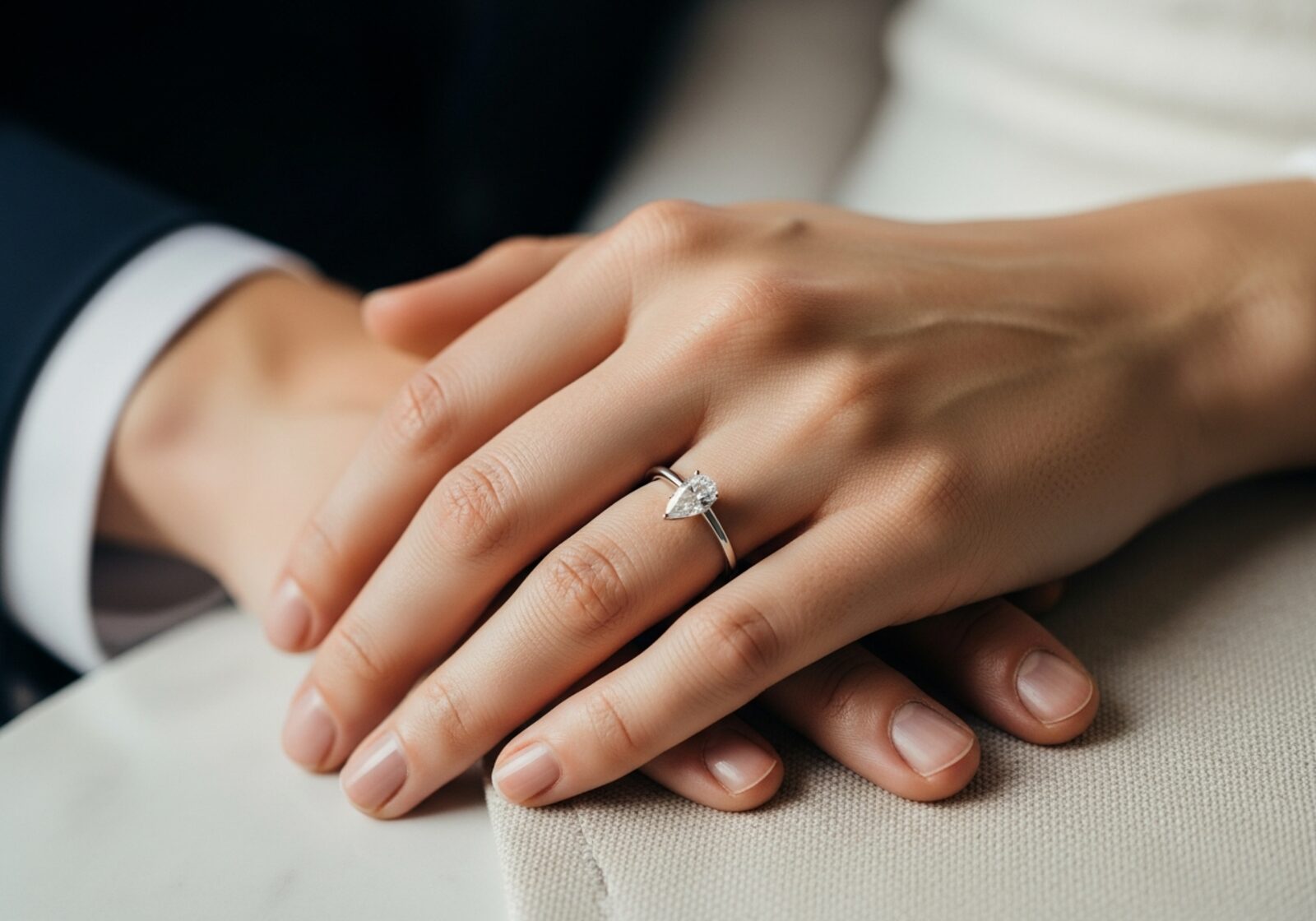 Bride's left hand at golden hour wearing a pear-cut diamond solitaire on a thin platinum band, point toward the fingertip
