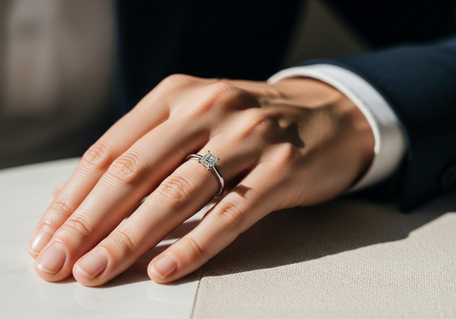 Bride's left hand in natural daylight wearing a princess-cut square diamond solitaire on a thin platinum band