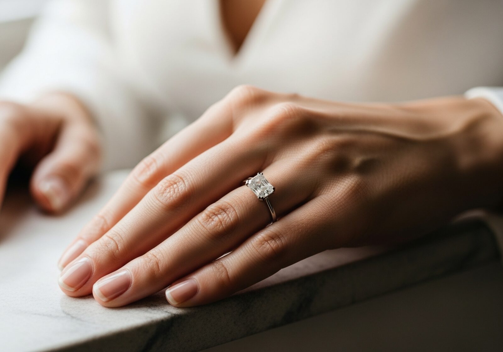 Bride's left hand in natural daylight wearing a radiant-cut rectangular diamond solitaire on a thin platinum band