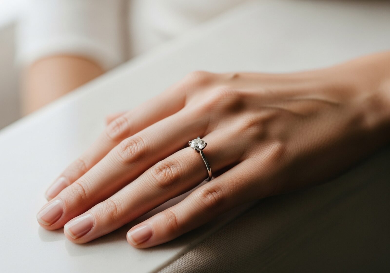 Bride's left hand in soft window light wearing a round brilliant diamond solitaire on a thin platinum band