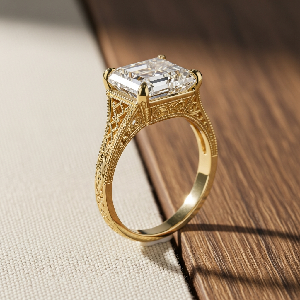 A vintage-styled lab-grown asscher cut diamond ring with milgrain detailing in platinum.