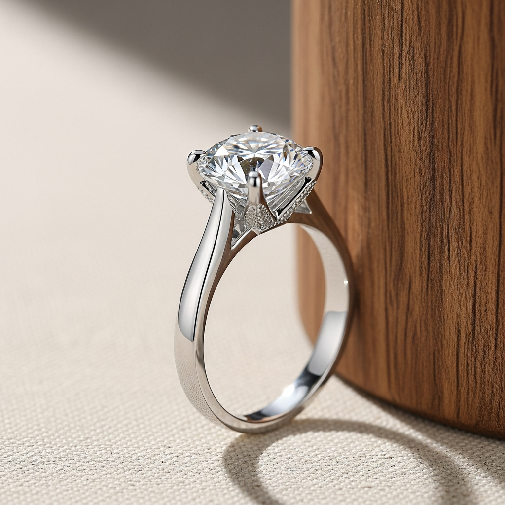 A 1.50 ct lab-grown round brilliant diamond solitaire on a cream studio surface.