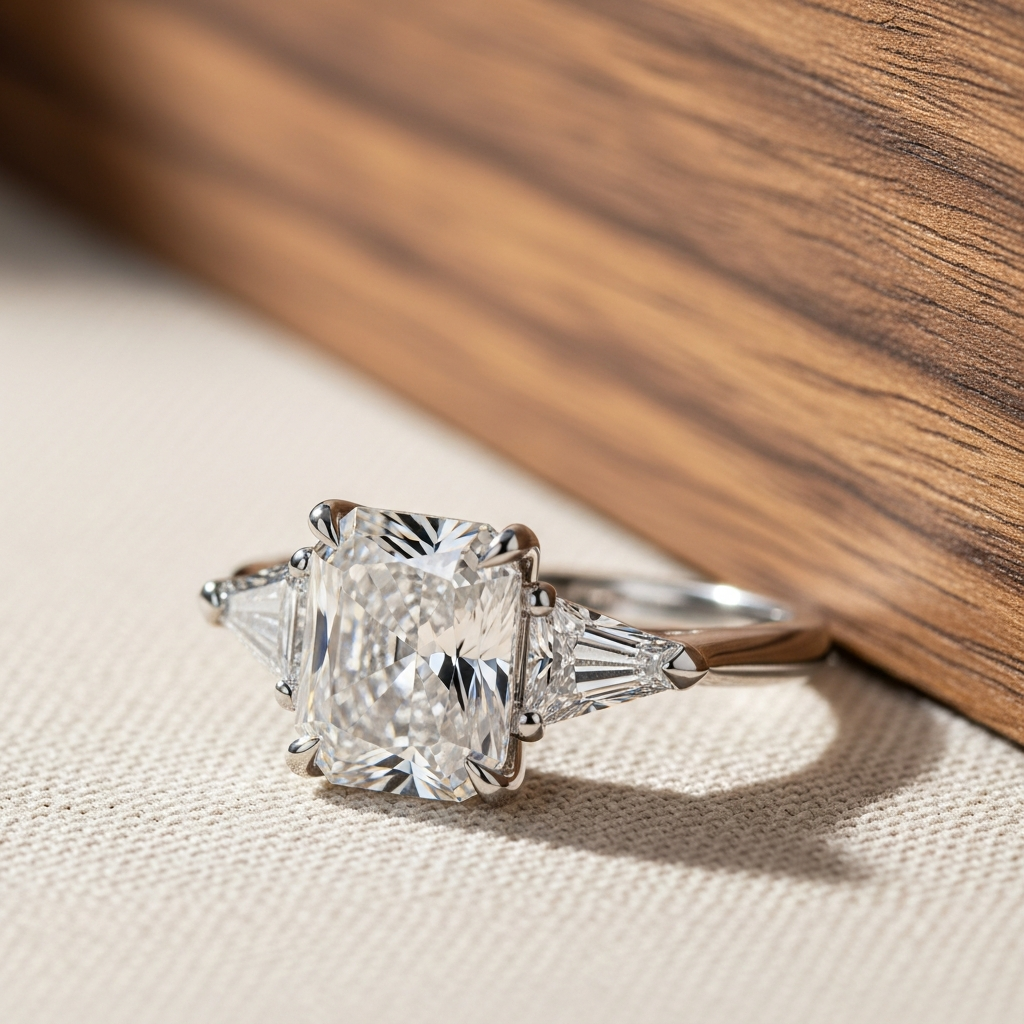 A 2.00 ct lab-grown cushion brilliant diamond flanked by two 0.50 ct lab-grown trapezoid diamonds in platinum.