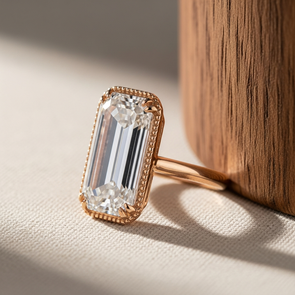 A 2.50 ct lab-grown emerald cut diamond bezel-set in 18k rose gold with milgrain edges.