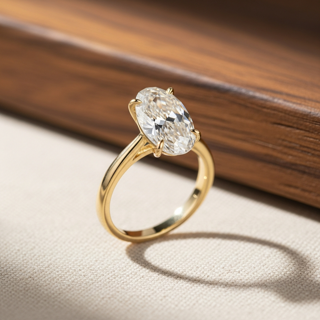 A 2.00 ct lab-grown oval diamond on a knife-edge 18k yellow gold band.