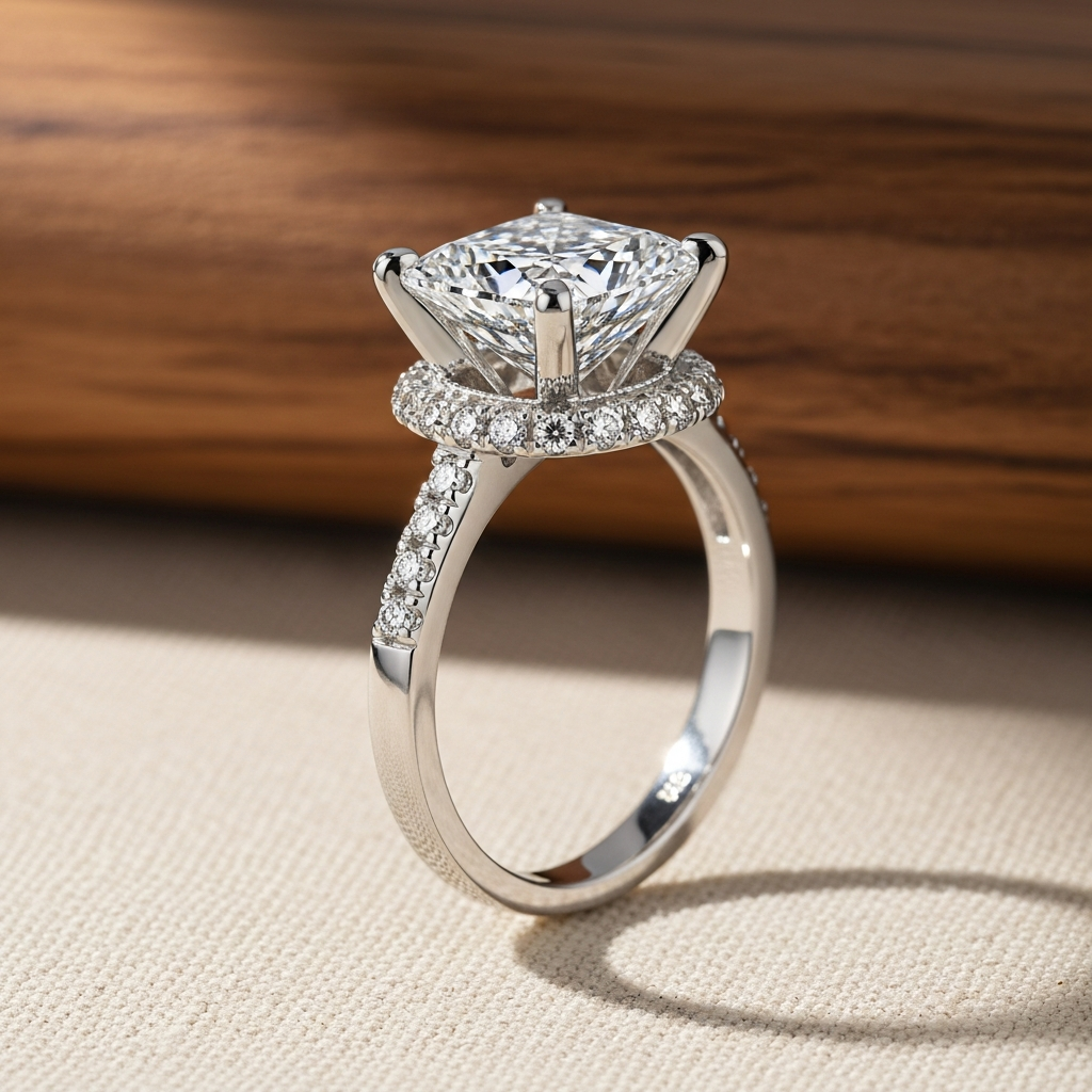 A 1.75 ct lab-grown princess cut diamond over a hidden halo in platinum.